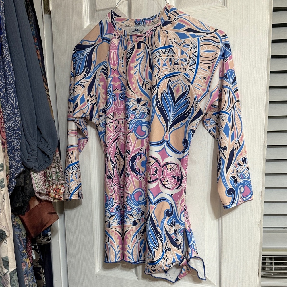 Printed Women’s Swim Coverup Top in Pink, Blue & Cream